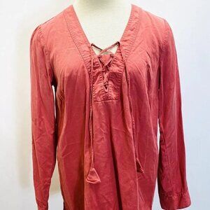 J. JILL Women Long Sleeve V-Neck Pullover Asymmetrical Hem Coral Shirt Sz Small
